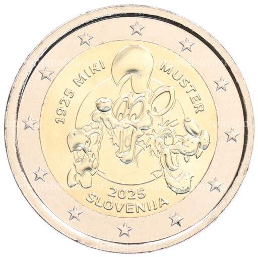 Монета 2 евро 2025 года Словения 100 лет со дня рождения Мики Мустера