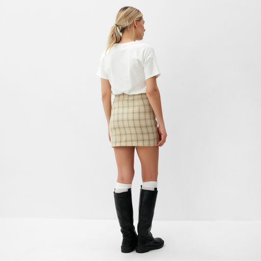 Юбка мини женская на запах MINAKU: Casual Collection, принт клетка бежевая, размер 46