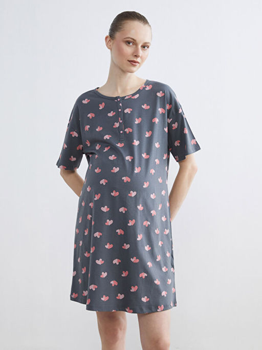 Bisiklet Yaka Kalp Desenli Kad?n Gecelik