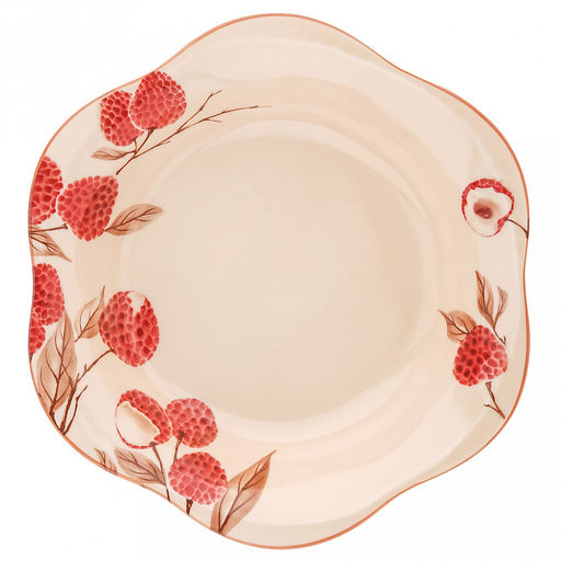 "Шелковый личи" Тарелка глубокая фарфоровая д205мм, h42мм, 480мл, с деколью, отводка, волнистый край, бежевый (Китай)