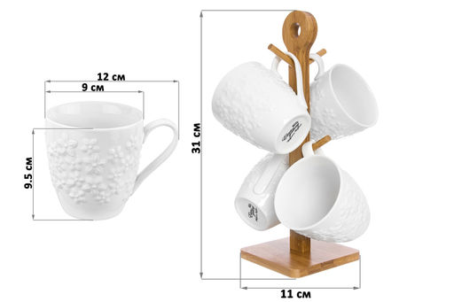 Набор 4 кружек Elan Gallery Цветочки 350 мл на деревянной подставке с ручкой  фото 2