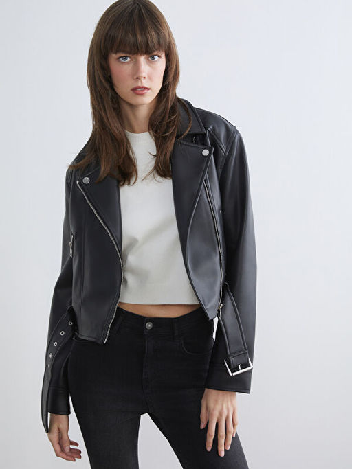 G?mlek Yaka Kad?n Deri G?r?n?ml? Ceket