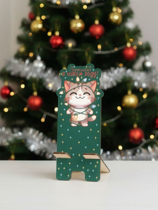 Подставка под телефон/планшет "Зажигай в новом году! Котик в зелёном"