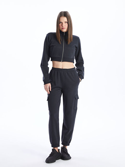 Dik Yaka D?z Crop Kad?n Fermuarl? Sweatshirt