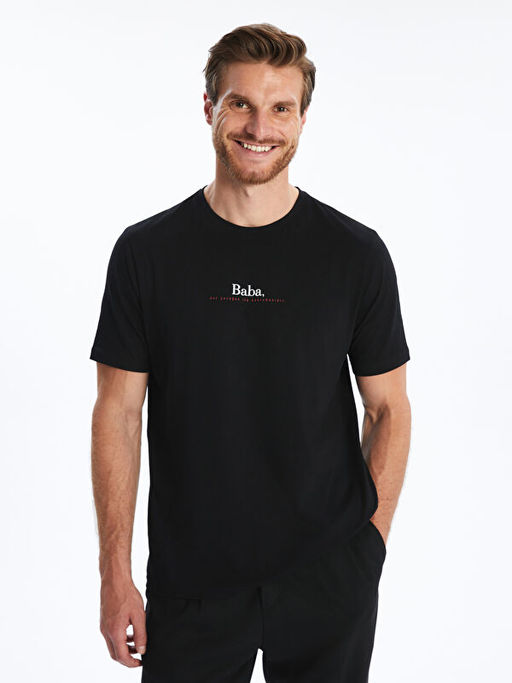 Bisiklet Yaka Bask?l? Penye Erkek Ti??rt