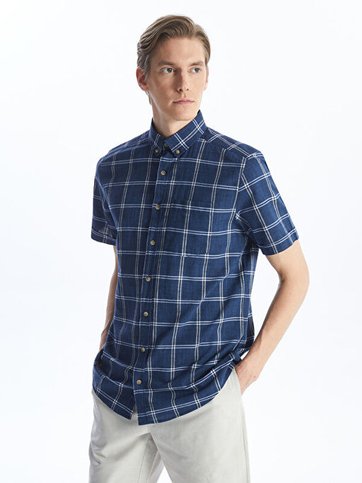 Regular Fit K?sa Kollu Ekose Poplin Erkek G?mlek