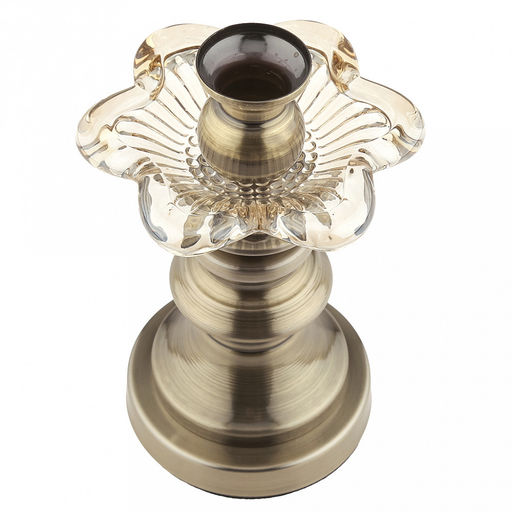 Подсвечник стеклянный "Нарцисс" h15см, д10см, чаша д3,3см, h4см, нескользящее основание д8см, металлическая ножка, бронзовый, в коробке (Китай)