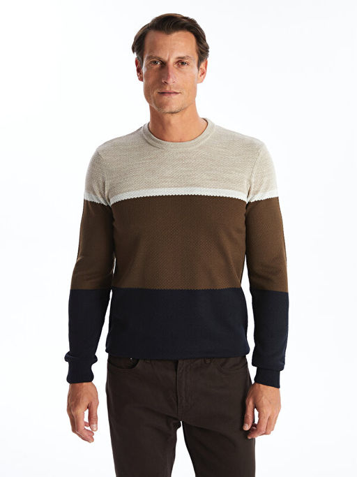 Bisiklet Yaka Uzun Kollu Renk Bloklu Erkek Triko Kazak