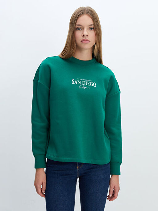 Bisiklet Yaka Bask?l? Oversize Kad?n Kal?n Sweatshirt