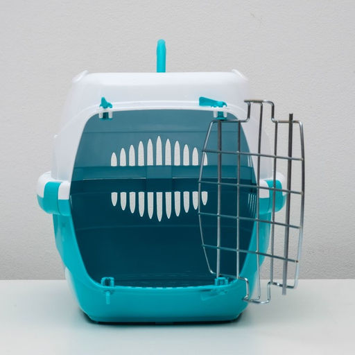 Переноска для животных до 9 кг Пижон, металлическая дверь, 43х29х27,5 см, бело-бирюзовая  фото 9