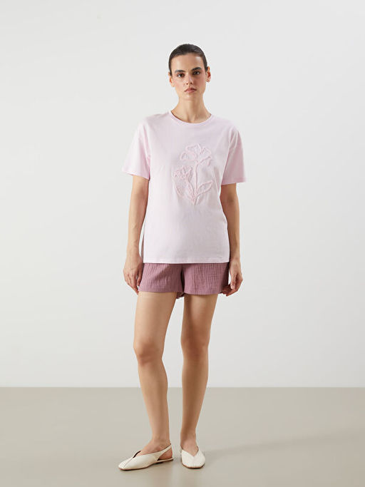 Bisiklet Yaka ?i?ekli Kad?n Ti??rt