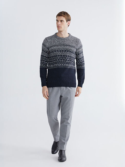 Bisiklet Yaka Desenli Erkek Triko Kazak