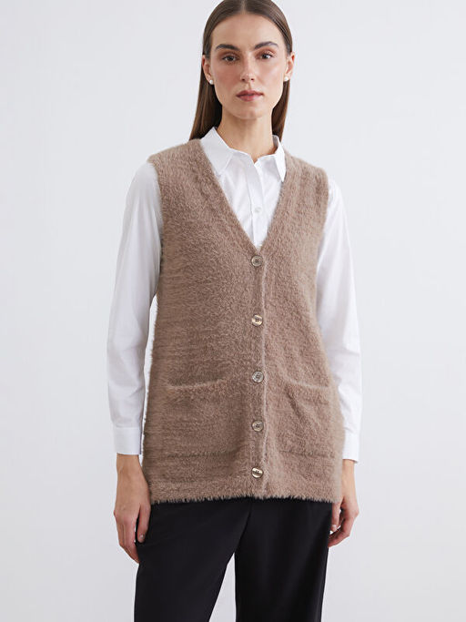 B?y?k Beden V Yaka Kad?n Pel?? Yelek