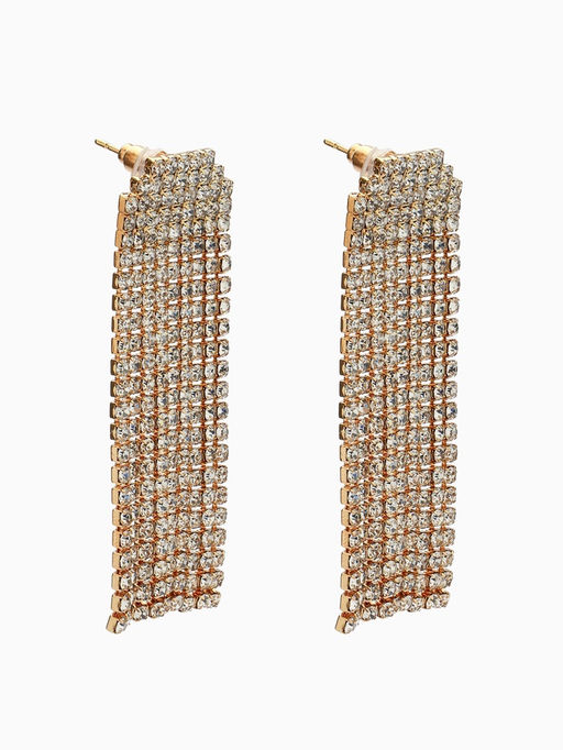 Серьги висячие со стразами Водопад мягкий квадрат, белые в золоте