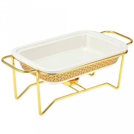 "Мармит Белый" Форма для запекания 750мл, прямоугольная, 25,5х15,5см h4,8см, керамика с деколью, цвет - белый, стеклянная крышка с пароотводом, пластмассовая ручка-кнопка "мишка", металическая подставка с ручками, с подогревом на 1 свечу 32,8х15,5х11