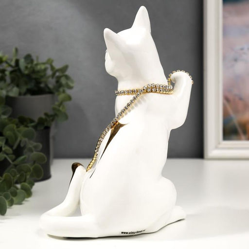 Фигура керамика «Белая кошечка с пояском», с золотом, стразы, 22.5 см