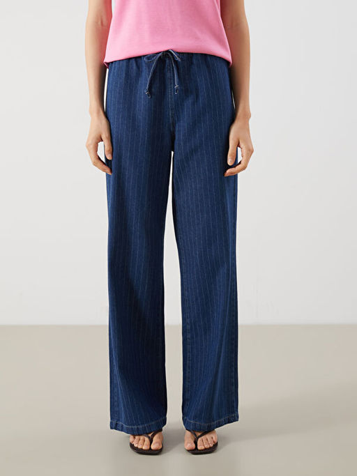 Beli Lastikli ?izgili Wideleg Kad?n Jean Pantolon