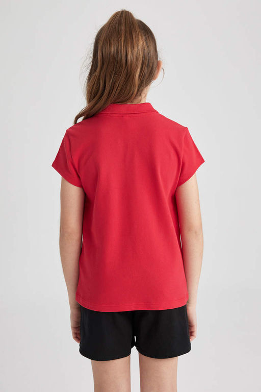 Хлопковая футболка-поло с короткими рукавами для девочек, красная футболка - Defacto фото 6