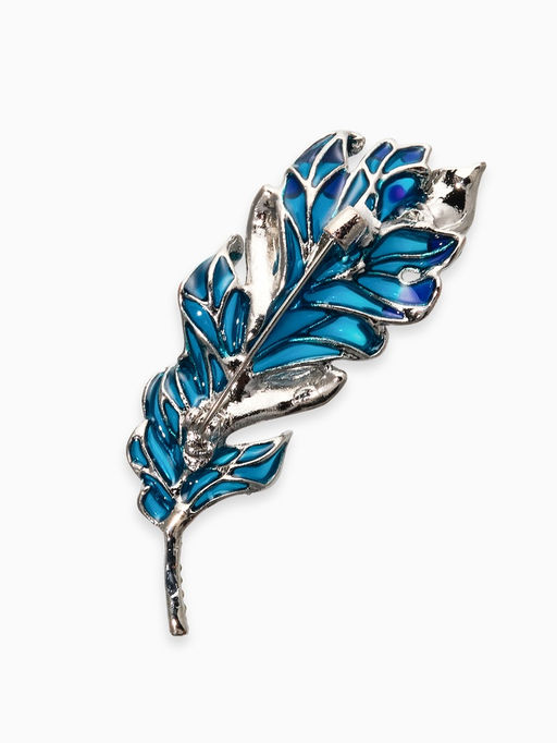 Брошь «Перо» прозрачное, синий, голубой в серебре