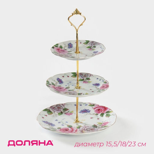 Этажерка для фруктов и десертов Доляна «Томная роза», 3 яруса, d=15.5×18×23 см, керамика, белая