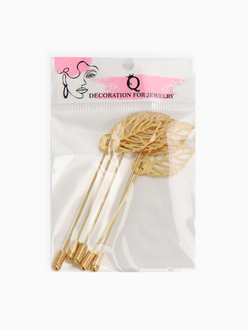 Основа Брошь-игла с листом (набор 5 шт.), L=7 см, площадка 9 мм, цвет золото