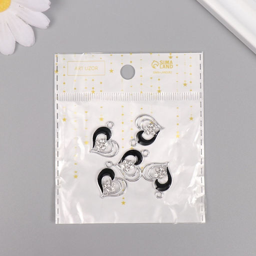 Цена за 5 шт. Декор для творчества металл, стразы «Сердце с цветочком», серебро, чёрный, 2×1.7×0.3 см