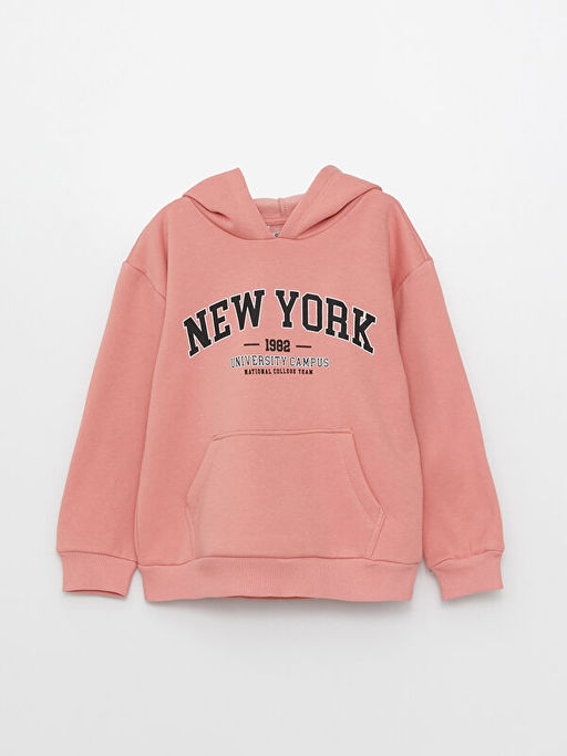Kap??onlu Bask?l? Uzun Kollu K?z ?ocuk Sweatshirt