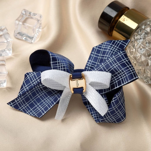 Цена за 6 шт. Резинка для волос «Школьница», бант двойная клетка, 9 см, бело-синяя