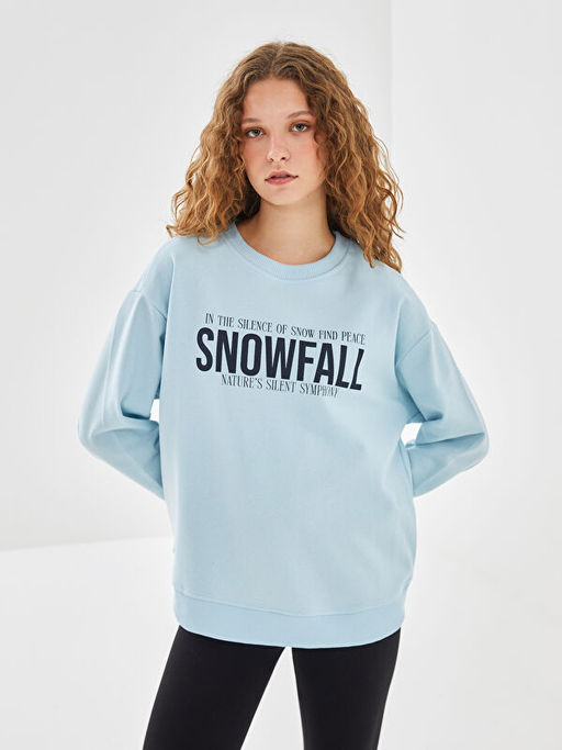 Bisiklet Yaka Bask?l? Oversize Kad?n Sweatshirt