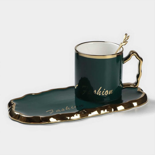 Чайная пара «Роскошь», 3 предмета: кружка 250 мл, блюдце 23.5×13 см, ложка, керамика, зелёная