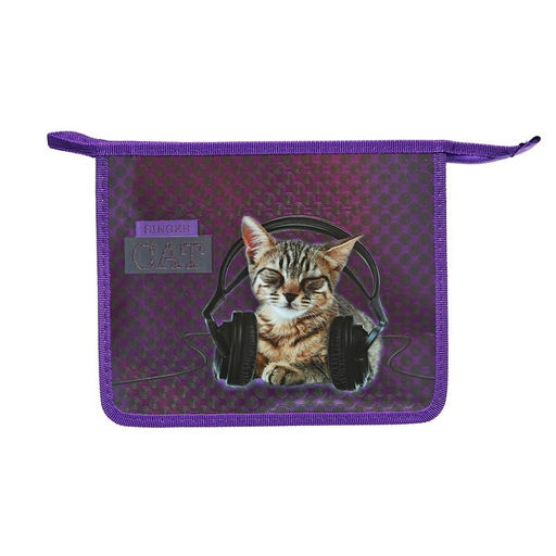 Папка для тетрадей А5, 195 х 245 х 50 мм, молния сверху, К 81ШК5, Кот певец (объемный 3D-рисунок с эффектом металлика), ламинированный картон/текстиль