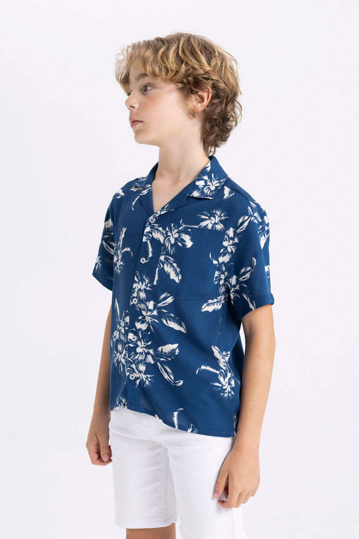 Рубашка оверсайз из вискозы с короткими рукавами и воротником-поло для мальчика - Defacto фото 4