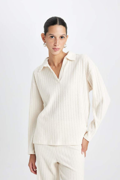 Женская повседневная футболка с воротником-поло в рубчик и длинными рукавами - Defacto фото 4