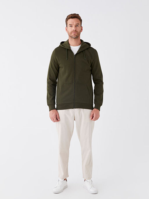 Kap??onlu Uzun Kollu Erkek Kal?n Fermuarl? Sweatshirt