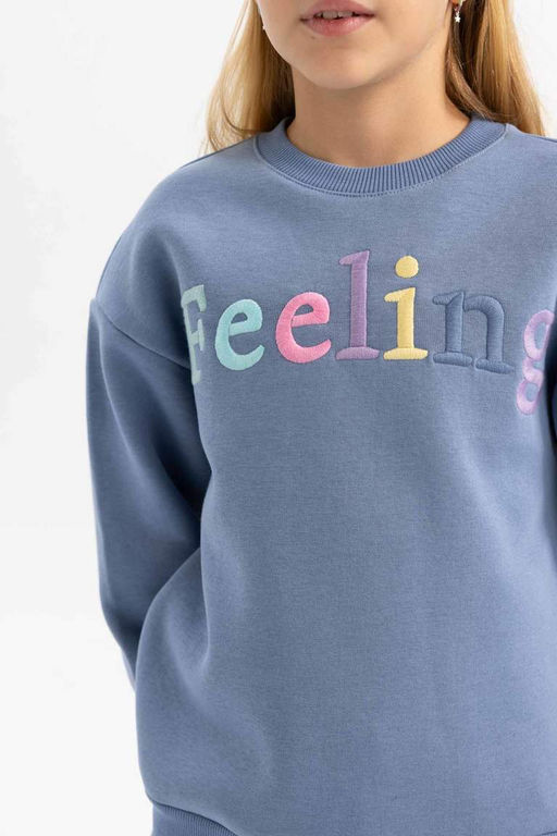 Мягкий толстый толстый свитшот с круглым вырезом и принтом для девочек - Defacto фото 4