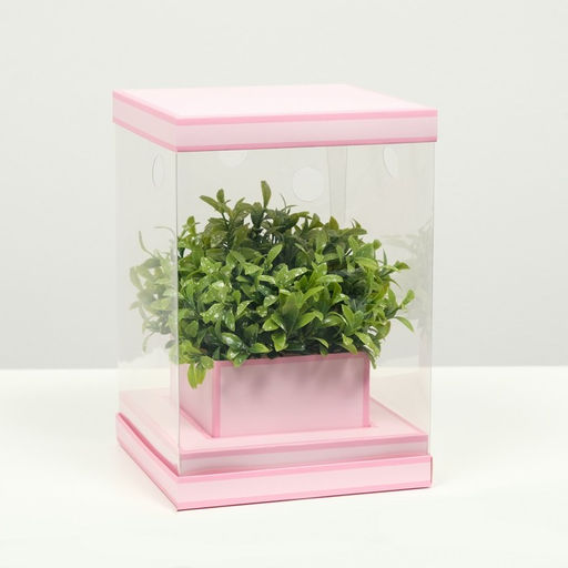 Коробка для цветов с вазой и PVC окнами складная, розовый, 16×23×16 см