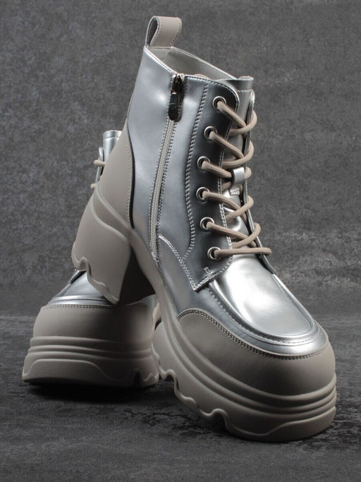 01-F591-2 GREY/SILVER Ботинки демисезонные женские (натуральная кожа, искусственная кожа)