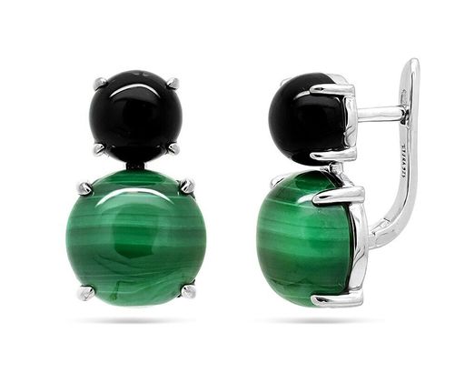 Серьги из серебра малахит, оникс, МЦВА165