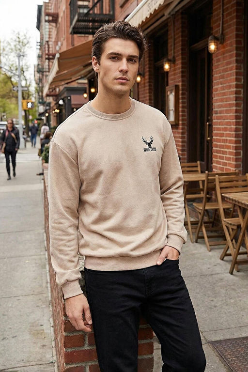 Bej Oversize/Geni_ Kesim Uzun Kol Hayvan Nak__l_ Sweatshirt TMNAW24SW00164 - Trendyolmilla фото 2