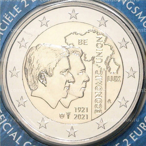 Монета 2 евро 2021 года Бельгия  100 лет Бельгийско-Люксембургскому экономическому союзу (Текст на лицевой стороне блистера на английском и фламандском)