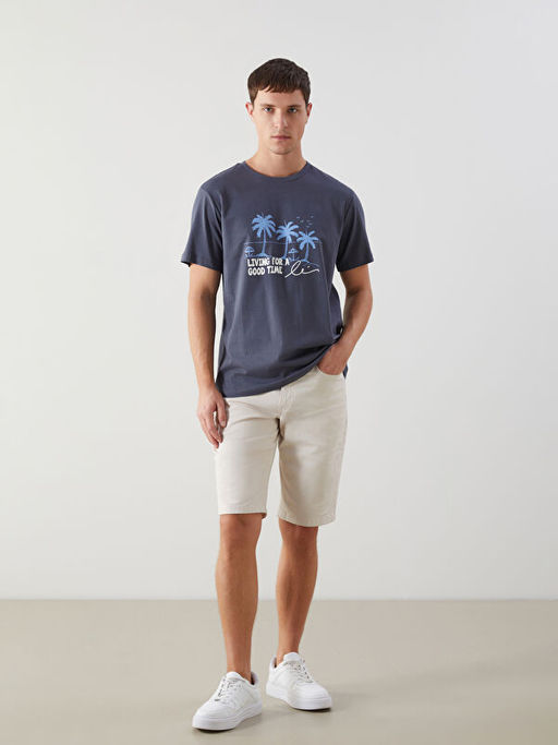 Bisiklet Yaka K?sa Kollu Bask?l? Penye Erkek Ti??rt