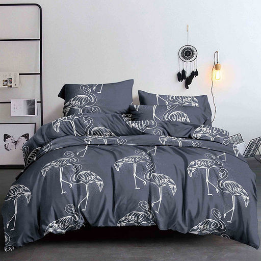 Постельное белье, комплект 1,5 спальный "Фламинго" 3 предмета: пододеяльник 145х215см, простыня 150х220см, 1 наволочка 50х70см с клапаном-запахом, полисатин "Премиум SP" 85г/м2, упаковка "классическая" ПВХ 32х41см, "Домашняя мода" (Россия)
