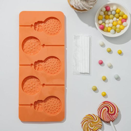 Форма для леденцов Доляна Улыбка, силикон, 25?9.5 см, 5 ячеек, с палочками, МИКС