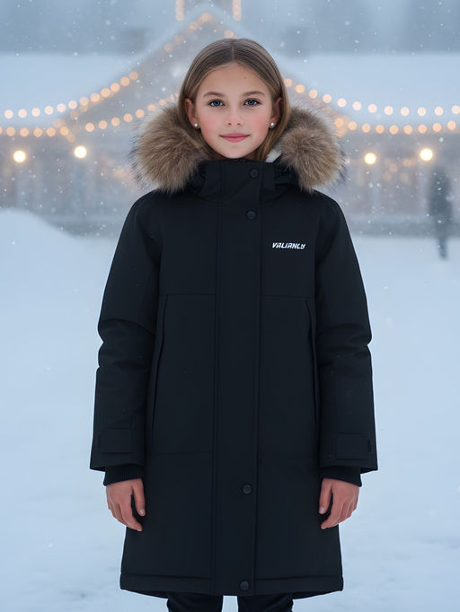 Парка зимняя подростковая для девочки с капюшоном и мехом черного цвета 9536Ch
