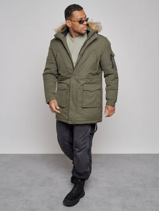 Парка мужская зимняя удлиненная с мехом цвета хаки 8318Kh - Wonderrman фото 10