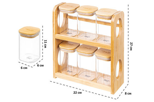 Набор 6 банок д/хранения 250 мл 22*8*27 см Crystal glass + бамб.крышка с сил.прокл.+бамб.подст - Elan gallery фото 2