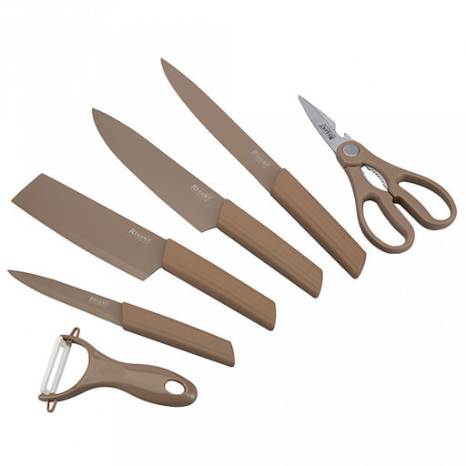 Набор ножей "Linea Moka" 6 предметов, ножи из нержавеющей стали с двухсторонней заточкой, ножницы и овощечистка с керамическим лезвие, ручки из полипропилена с термопластичной резиной, в цветной коробке, "Regent" (Китай)