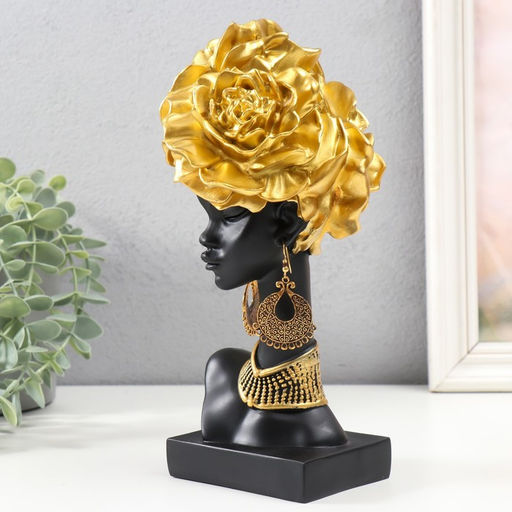 Фигурка полистоун «Бюст. Африканка с золотыми розами в волосах, с ожерельем», чёрный, 24×10×11 см
