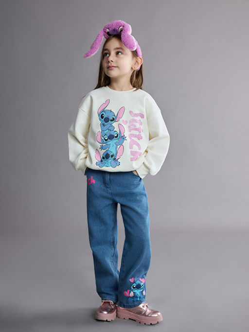 Beli Lastikli Stitch Bask?l? K?z ?ocuk Jean Pantolon