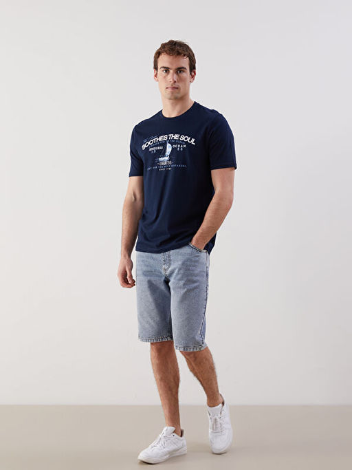 Bisiklet Yaka Bask?l? Penye Erkek Ti??rt